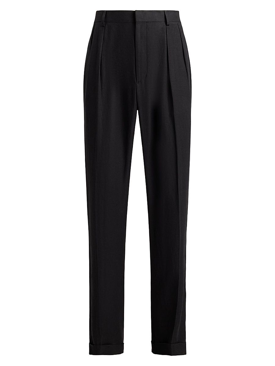Men's Pleated Silk-Linen Trousers - Black - Size 38