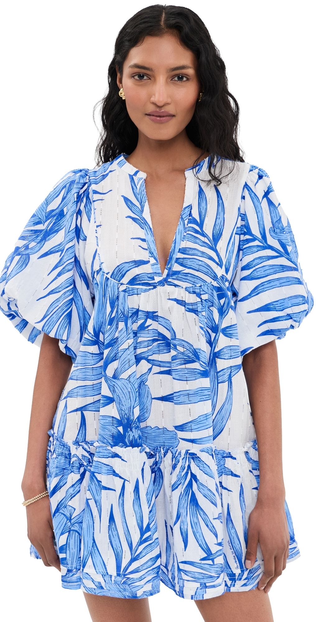 Poupette St Barth Mini Dress Cruz Blue Palm Leaf M