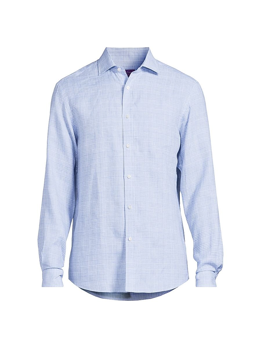 Men's Glen Check Linen Button-Front Shirt - Blue White - Size XS