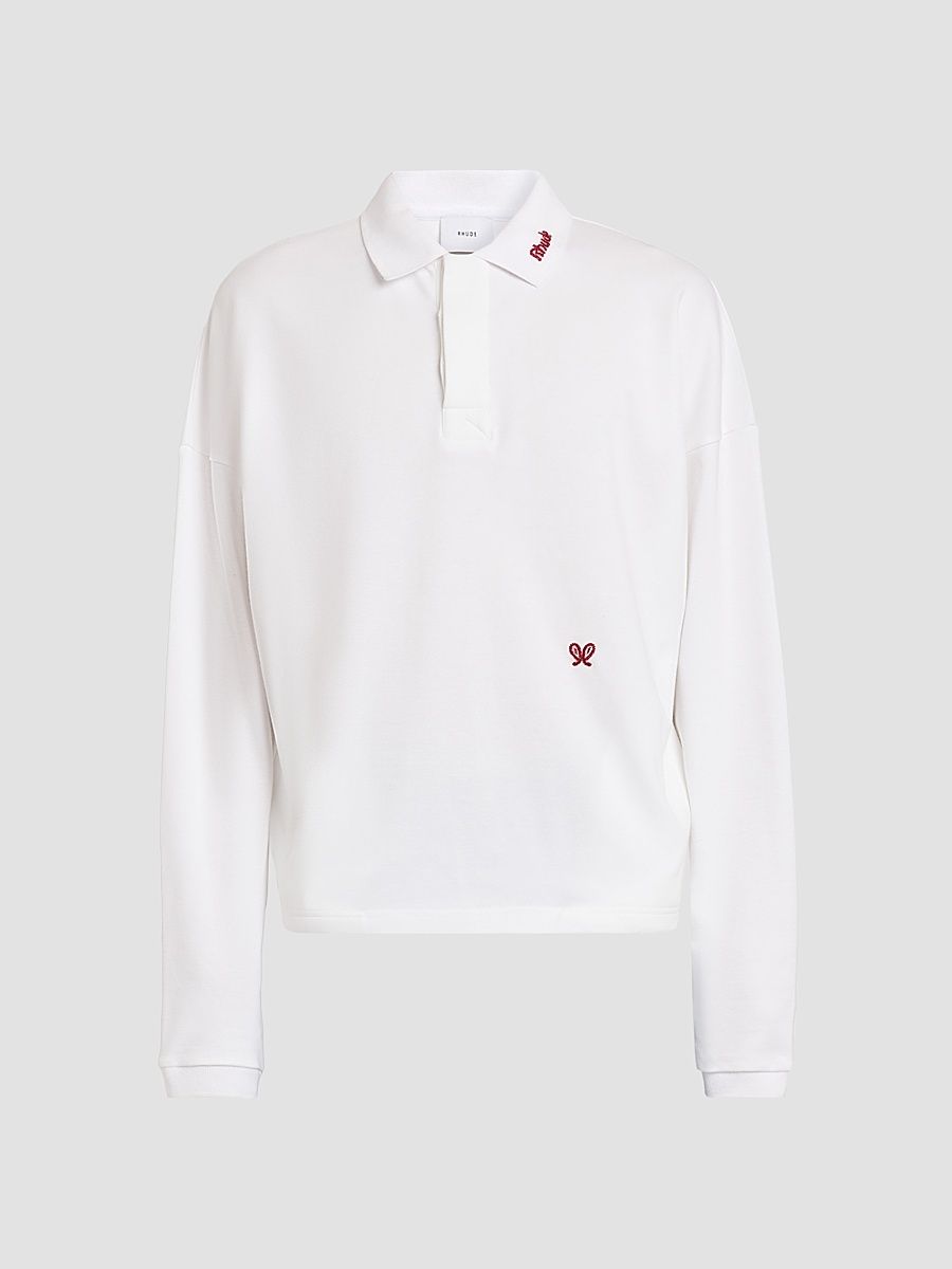 Rhude Men's Logo Embroidery Long-Sleeve Polo Shirt - White Red - Size XS
