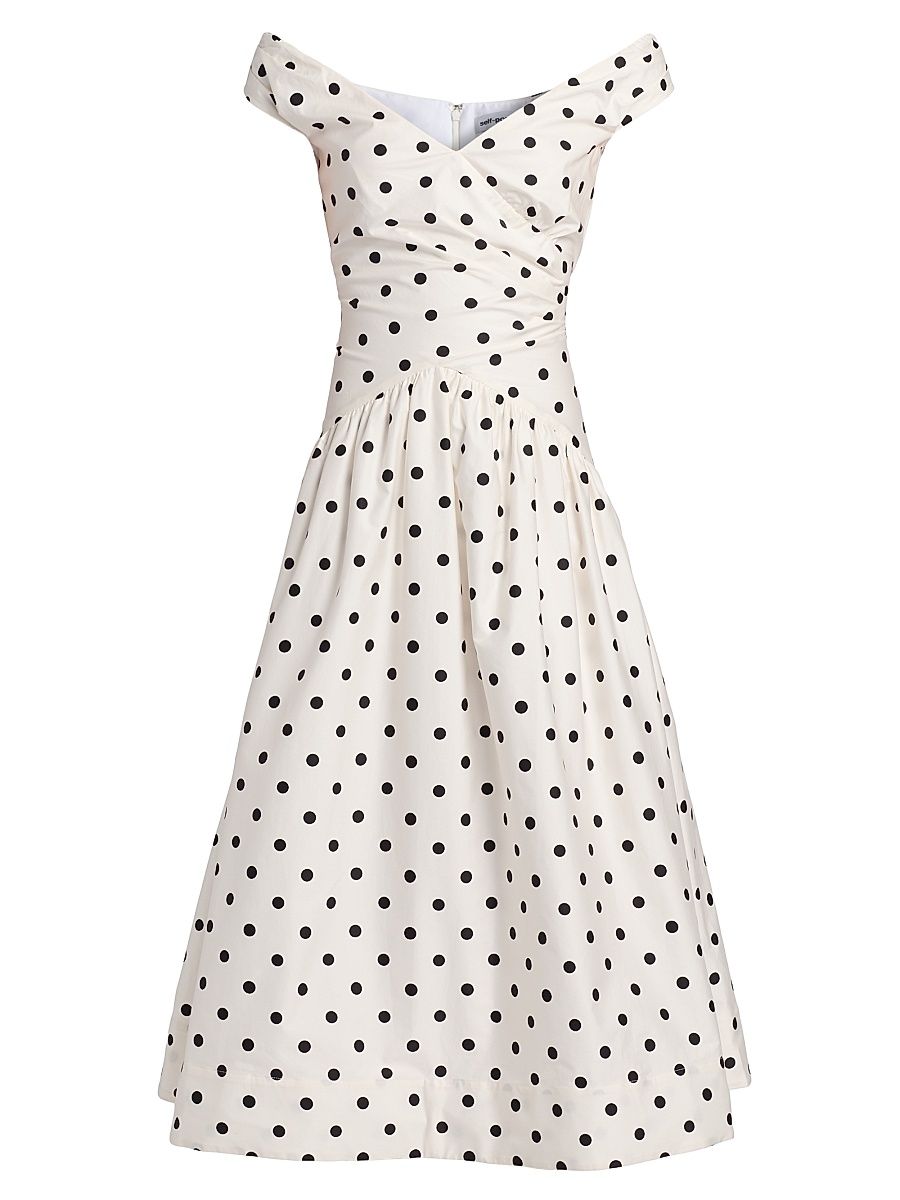 Women's Polka Dot Cotton Midi-Dress - Cream - Size 12