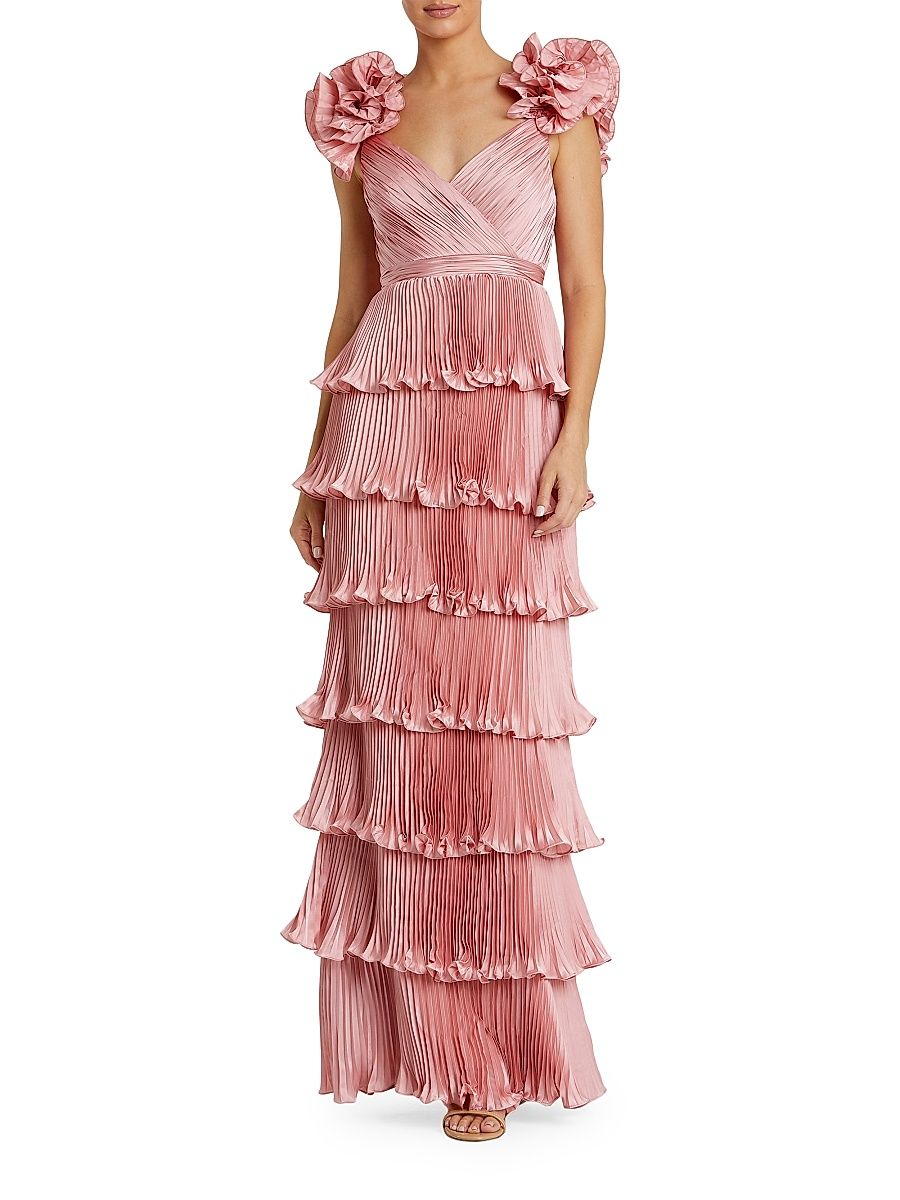 Women's Evening Pleated Charmeuse Tiered Gown - Rose - Size 0