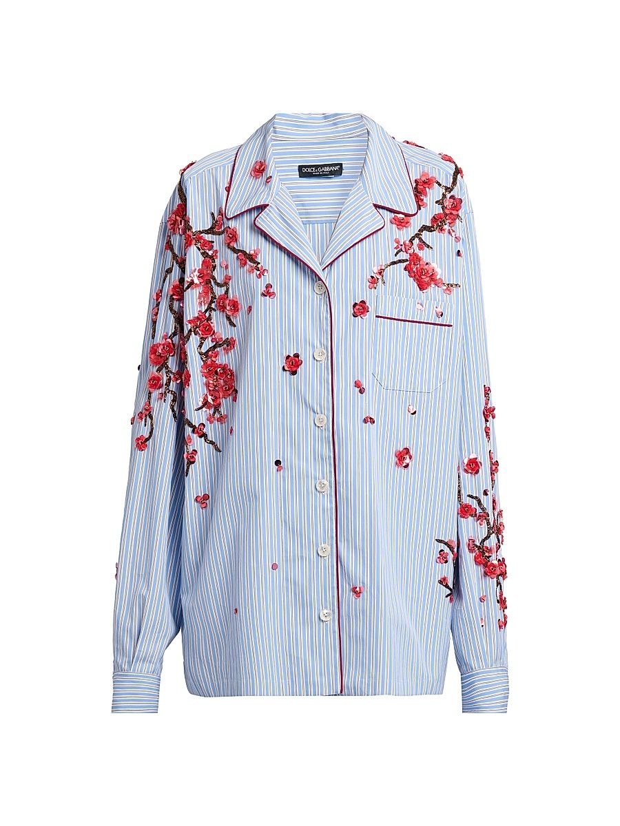 Women's Oversized Floral-Embellished Striped Cotton-Silk Shirt - Ricamati - Size 8