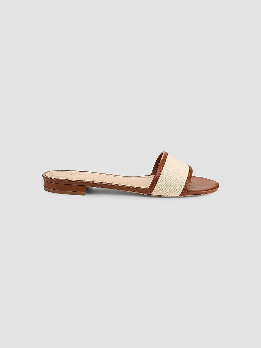 Women's Leather-Trim Linen Flat Sandals - Natural Linen Cuoio - Size 11
