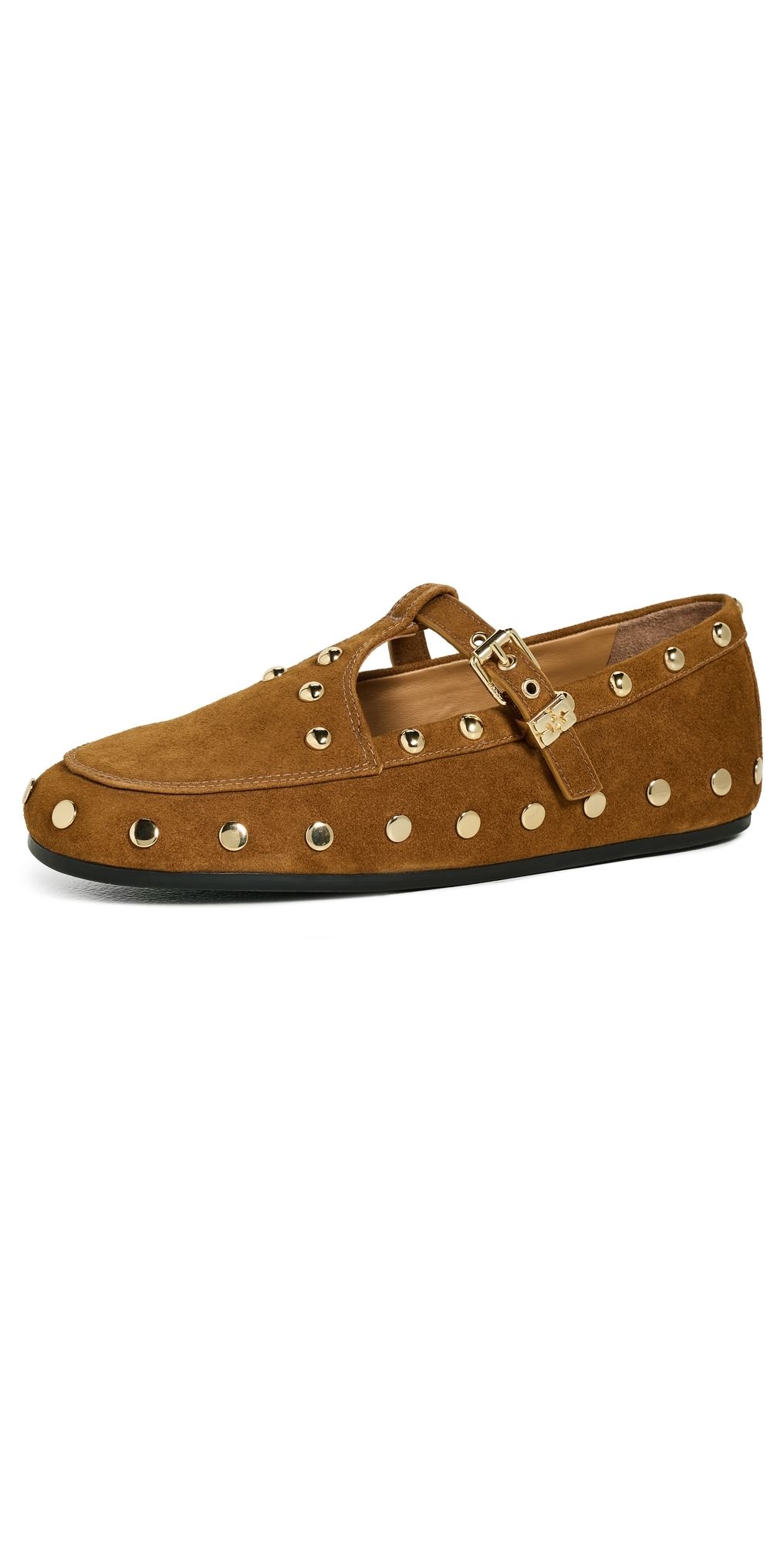 GANNI Mary Jenny Studs Suede Flats Caramel Café 36