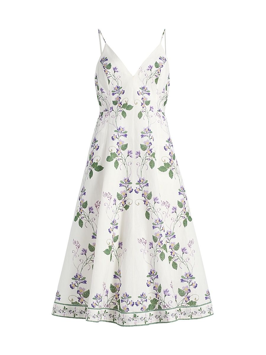 Women's Floral Linen-Cotton Midi-Dress - Ivory - Size Medium