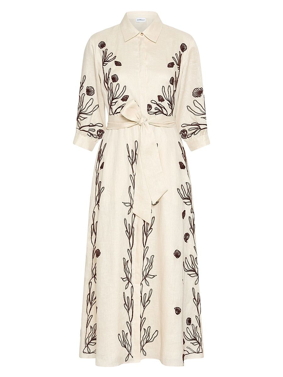 Women's Embroidered Linen Dress - Cream - Size 0
