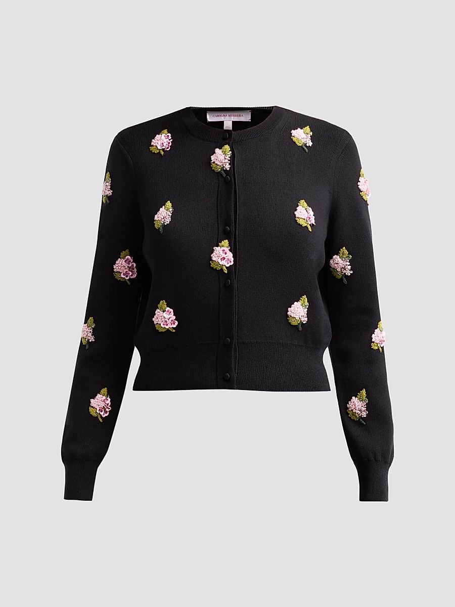 Women's Floral-Embroidered Silk-Cotton Cardigan - Black Multi - Size Large