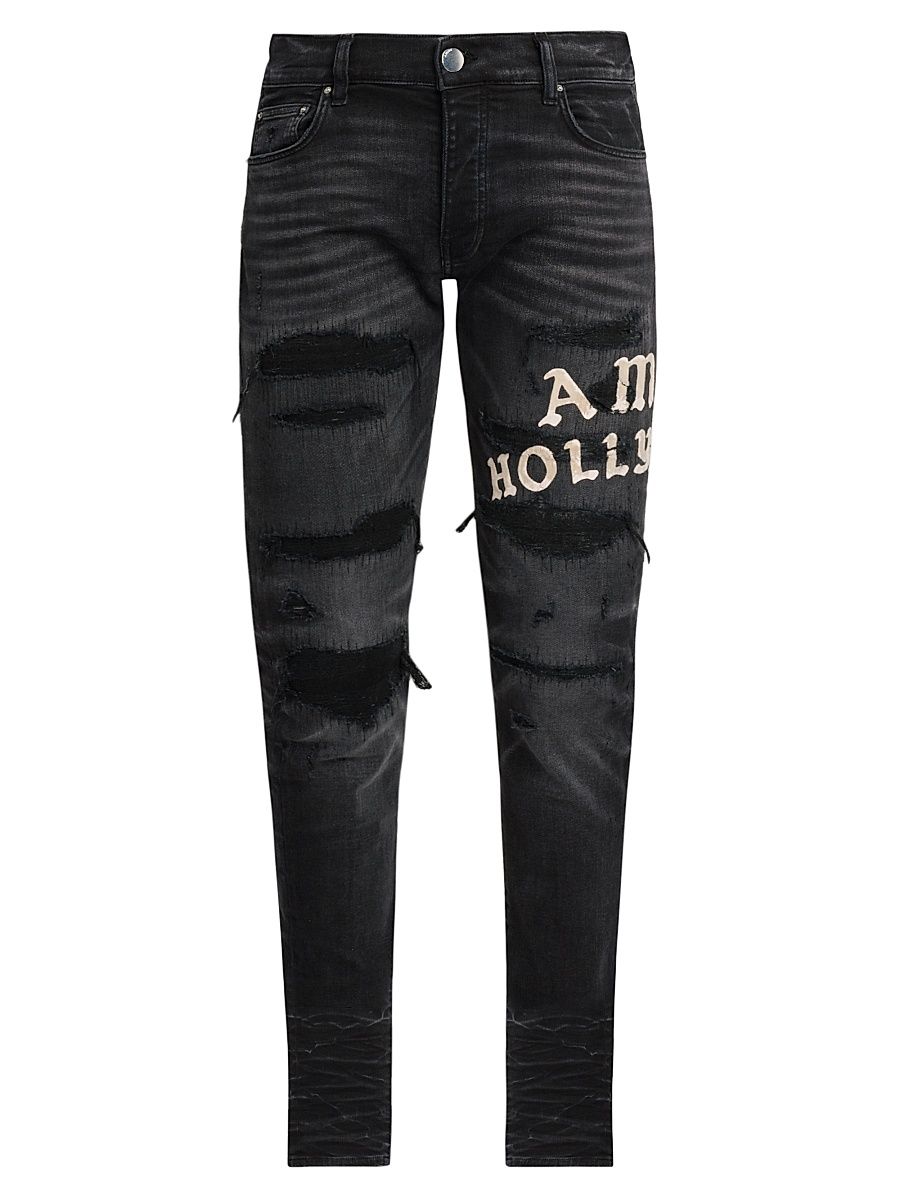 Men's Hollywood Appliqué Thrasher Repaired Skinny Jeans - Faded Black - Size 28