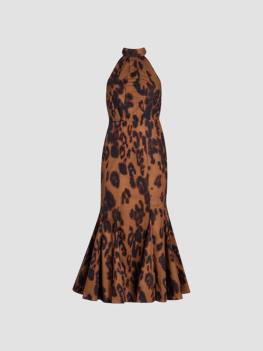 Women's Samara Blotted Leopard-Print Mermaid Midi-Dress - Cocoa Leopard - Size Large