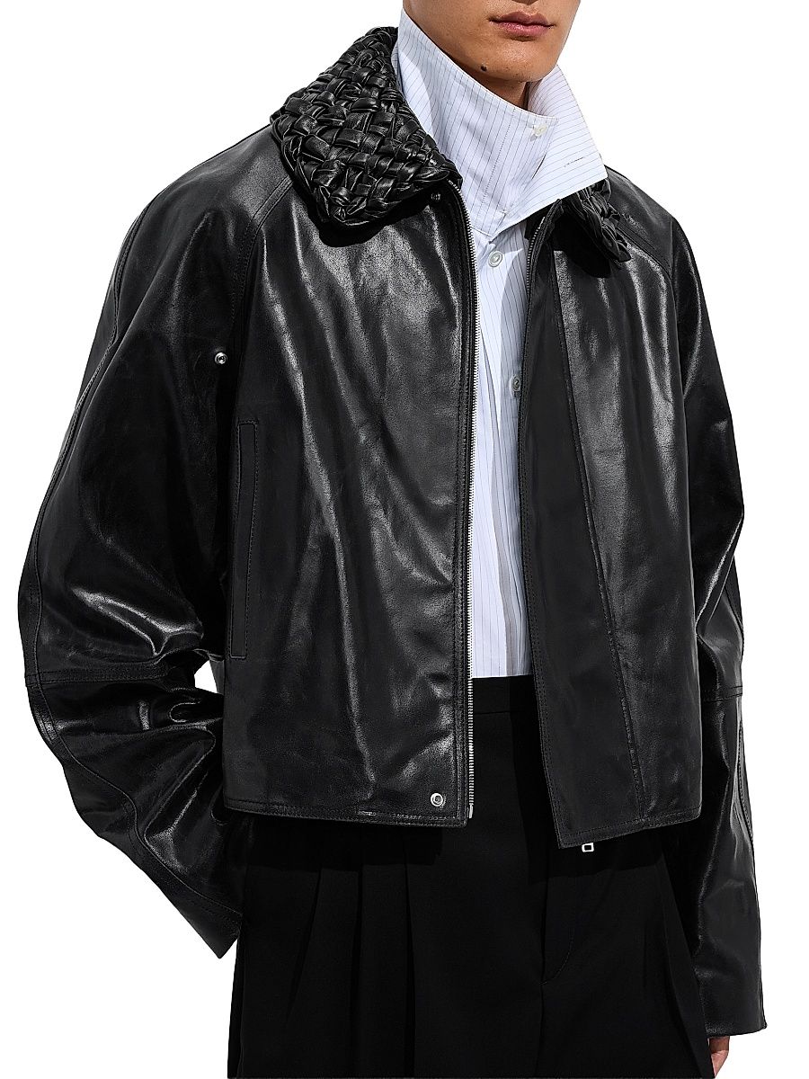 Men's Crackled Intrecciato Collar Leather Jacket - Black - Size 42