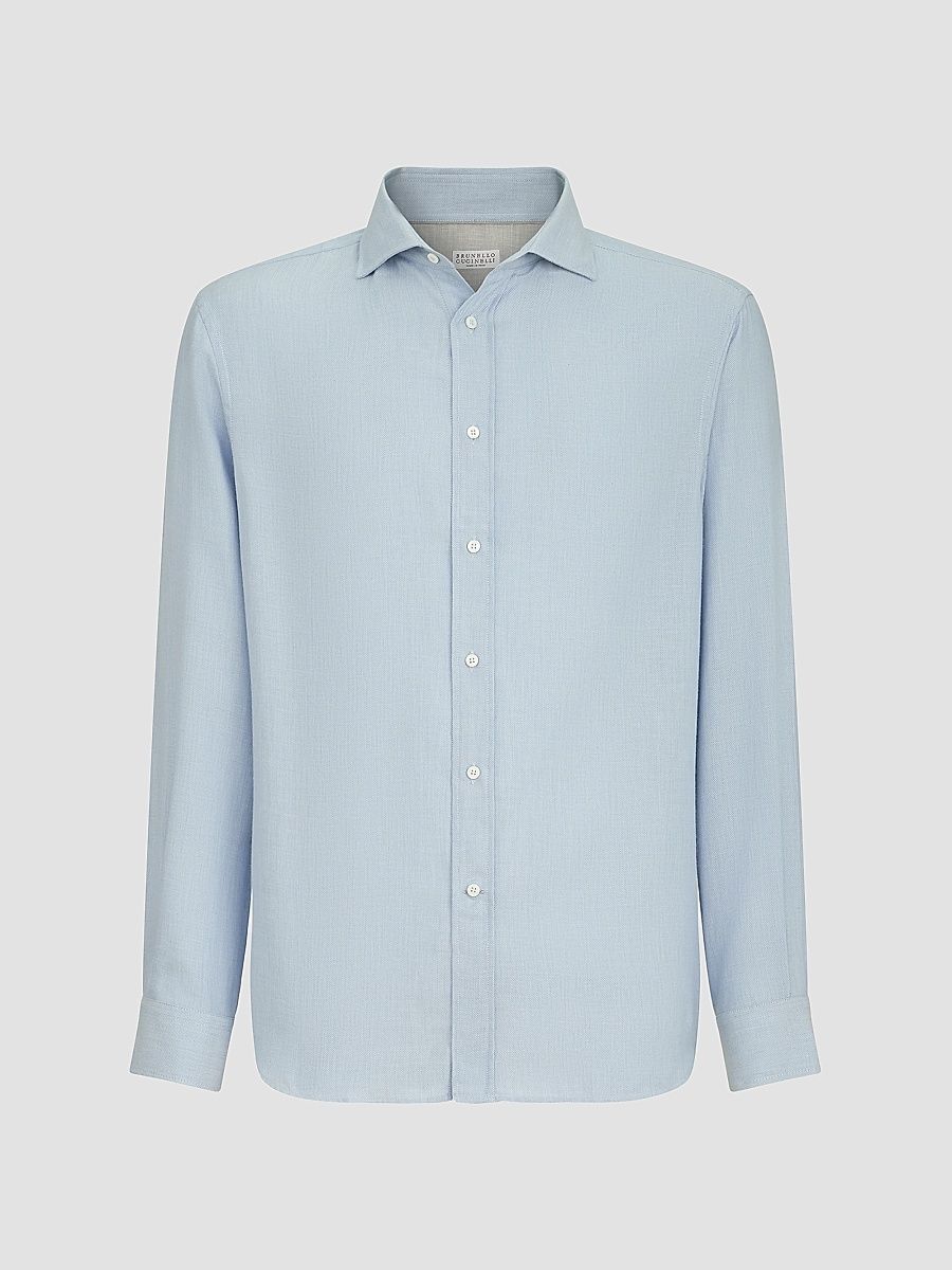 Men's Cotton and Cashmere Denim-Effect Diagonal Shirt - Sky Blue - Size XXXXL