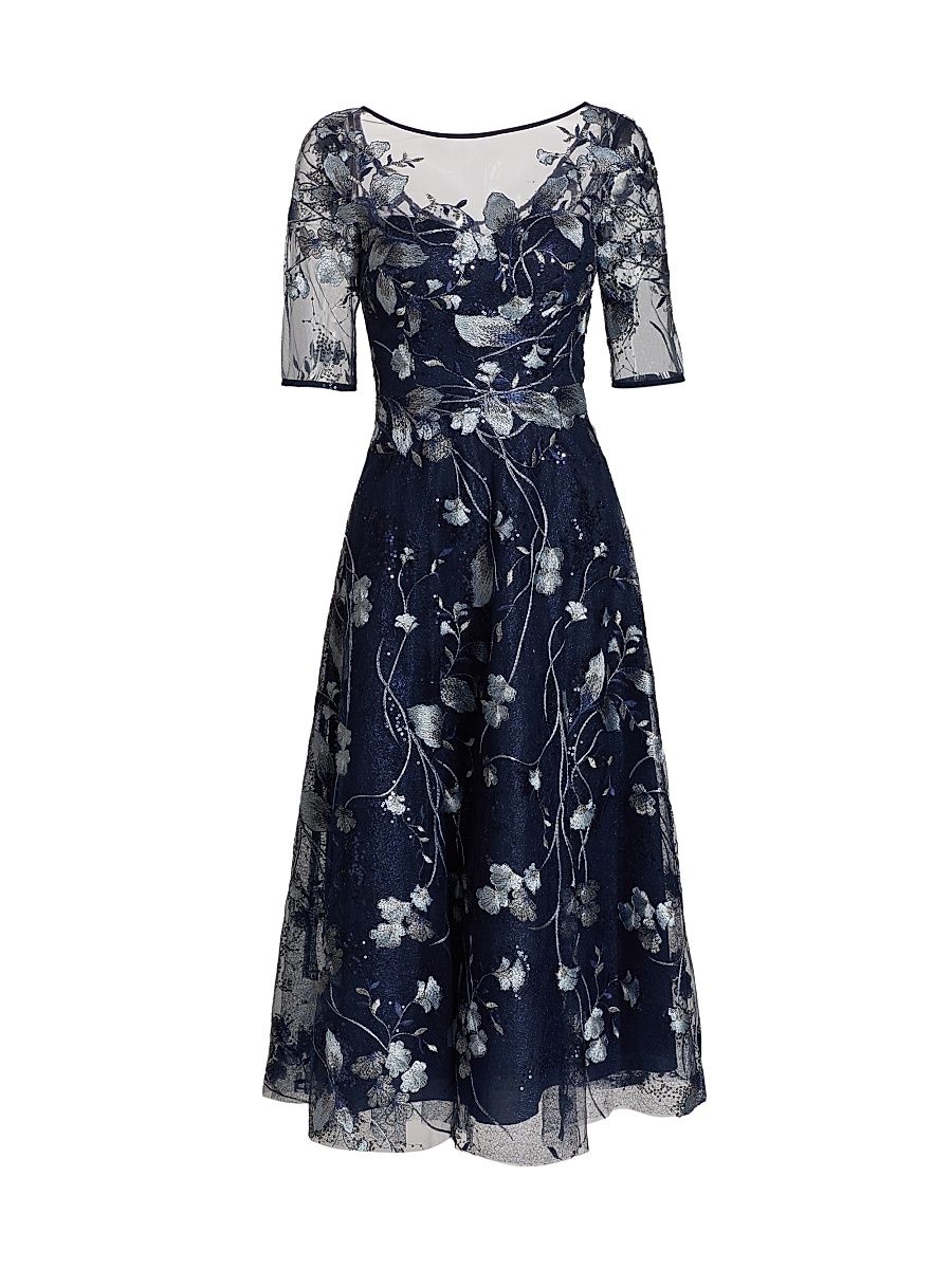 Women's Embroidered Tulle Tea Dress - Navy Multi - Size 18