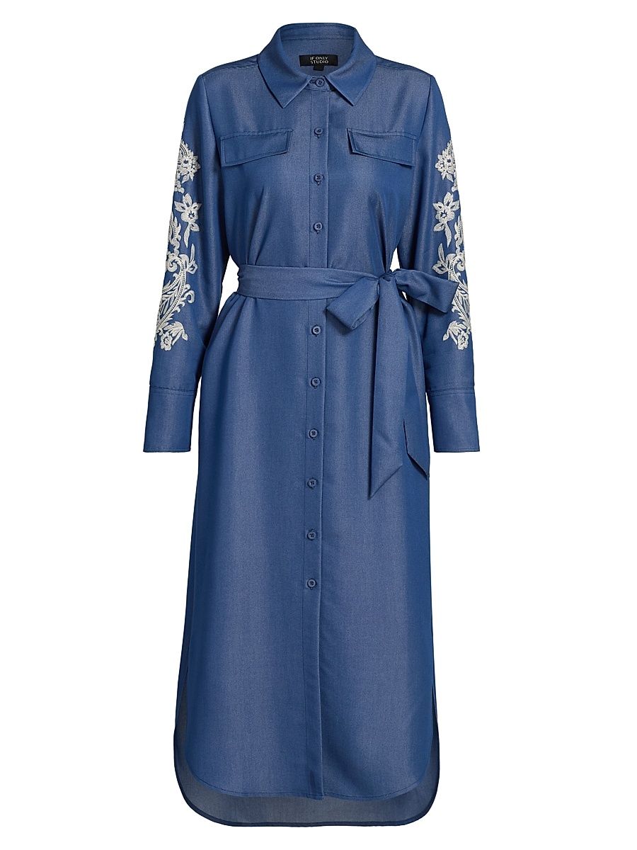 Women's Embroidered Belted Midi-Dress - Blue Ecru - Size XS