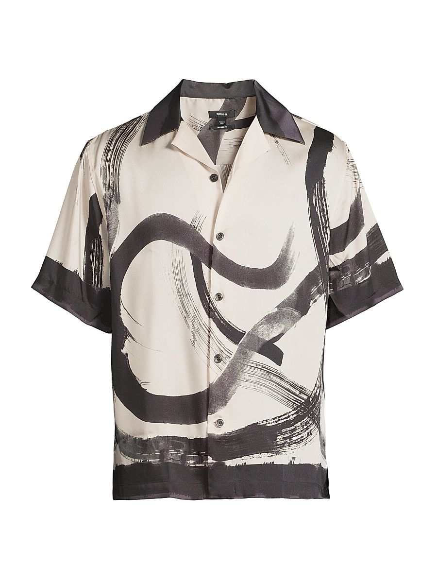Men's Oversized Brush Stroke Camp Shirt - Charcoal Grey Off White - Size XL