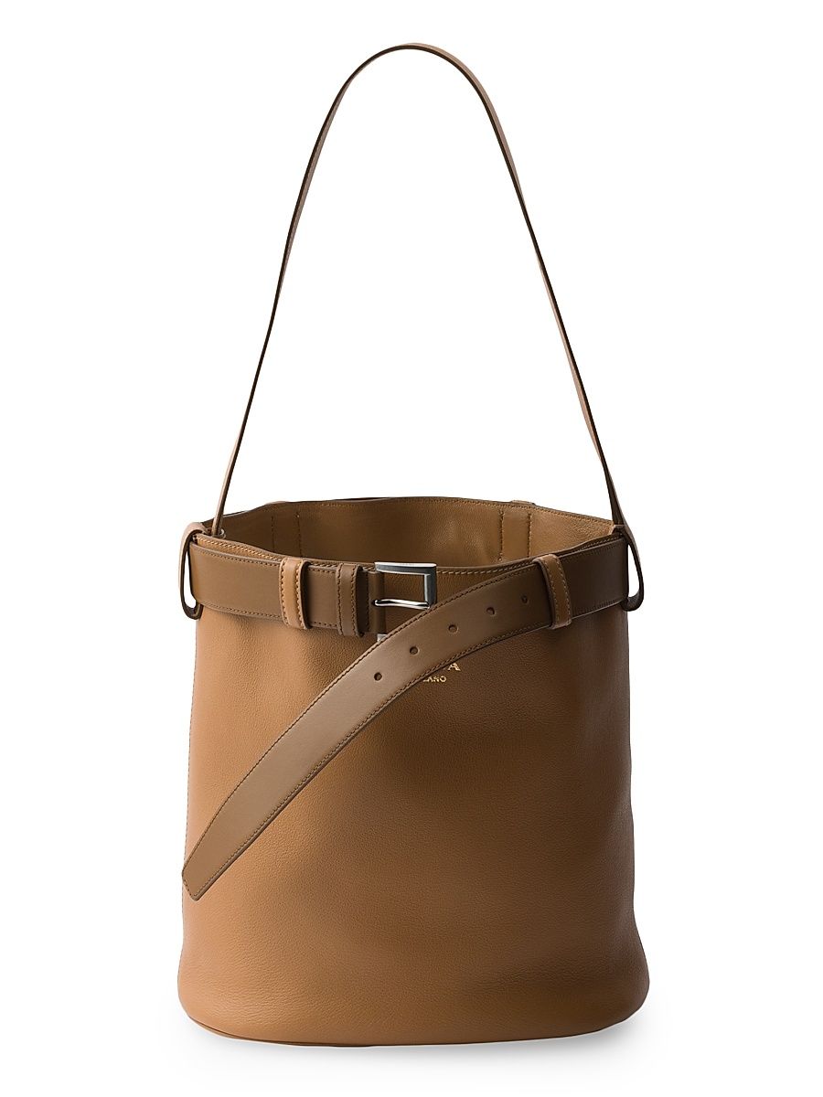 Women's Buckle Leather Bucket Bag with Belt - Brown