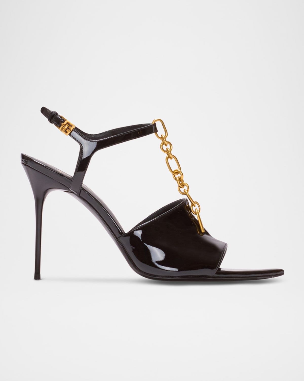 Sync Patent Leather Chain T-Strap Stiletto Sandals