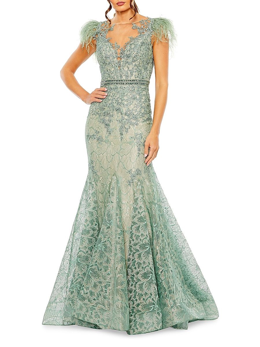 Women's Embellished Lace Trumpet Gown - Sage - Size 18