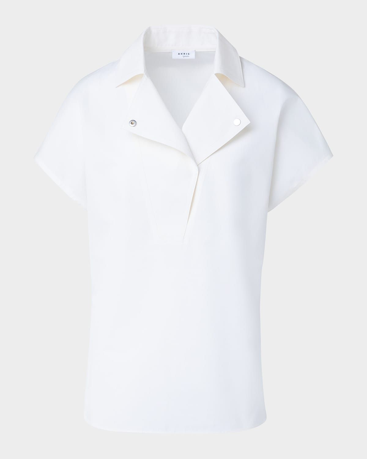 Biker Collar Short-Sleeve Cotton Poplin Stretch Blouse