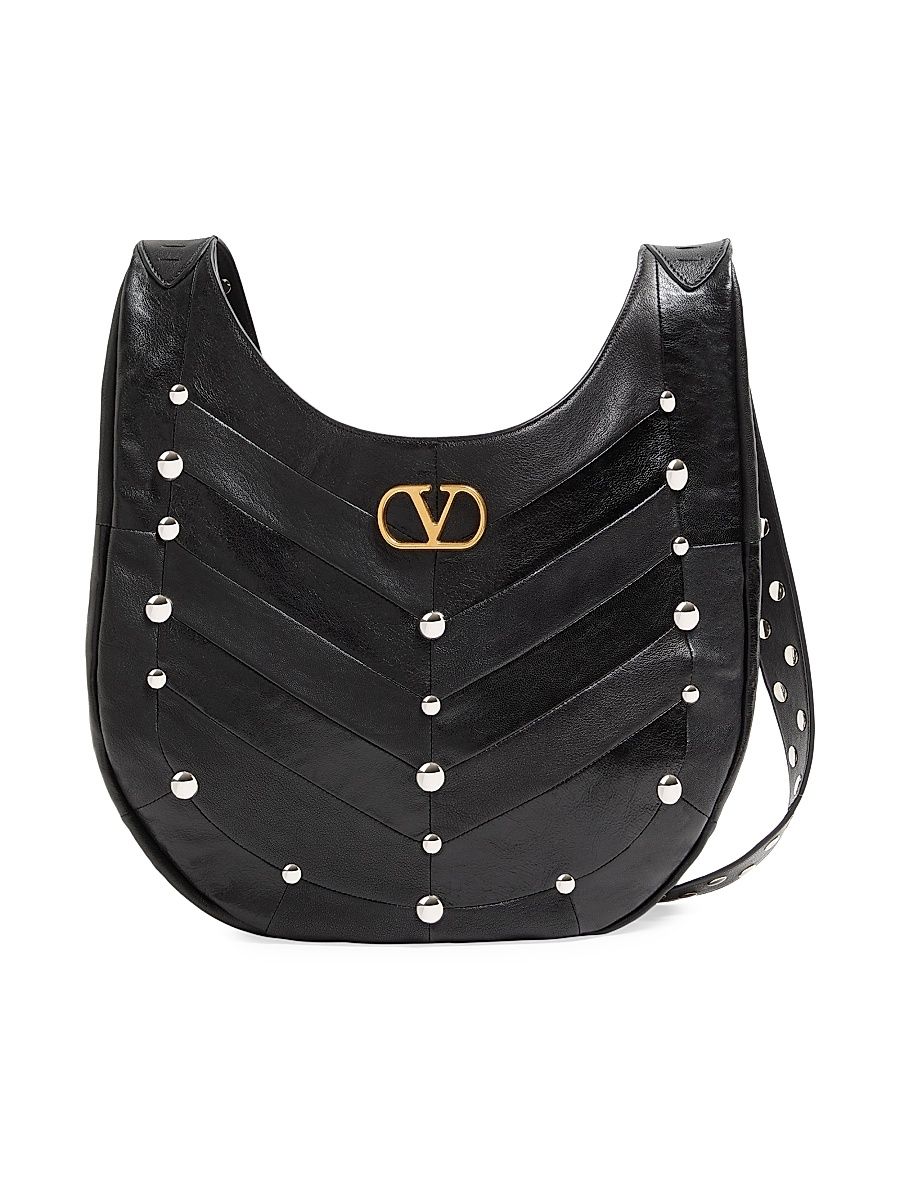 Women's Hoboho Hobo Bag in Chevron Pattern Nappa Leather with Studs - Black