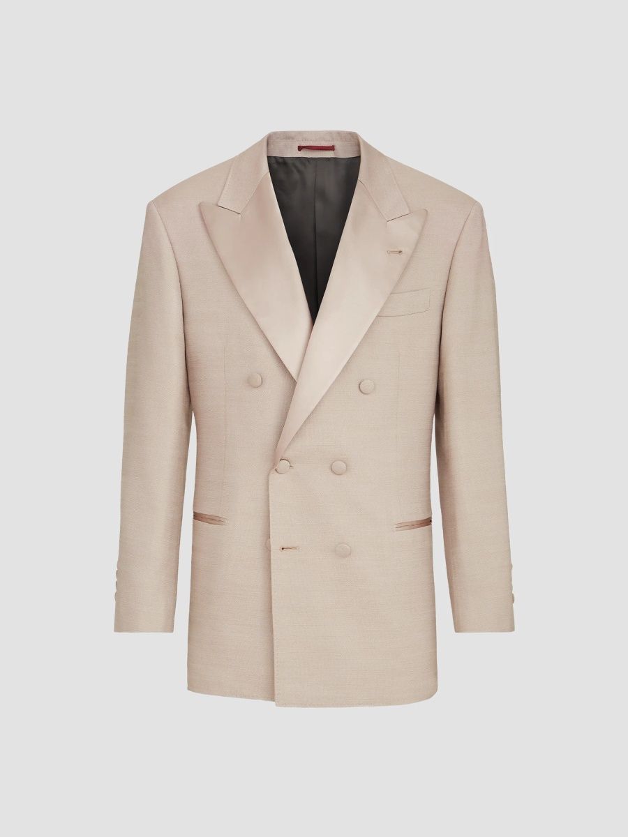 Brunello Cucinelli Men's Silk One and A Half Breasted Tuxedo Jacket with Peak Lapels - Sand - Size 38