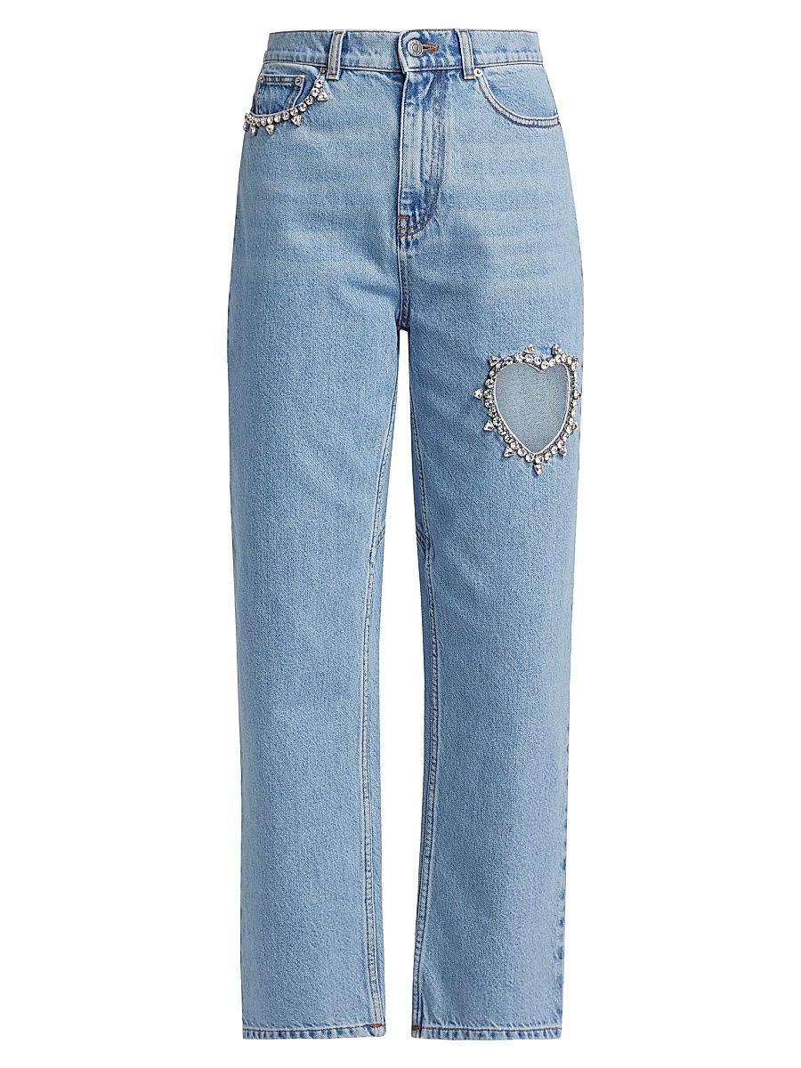 Women's Crystal Heart Mid-Rise Straight Jeans - Light Blue - Size 28