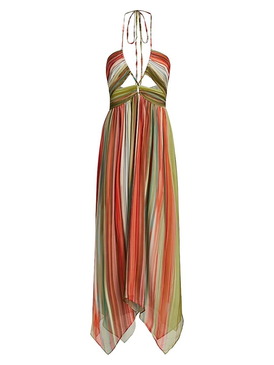 Women's Anaja Striped Silk Halterneck Midi-Dress - Mint Stripe - Size 12