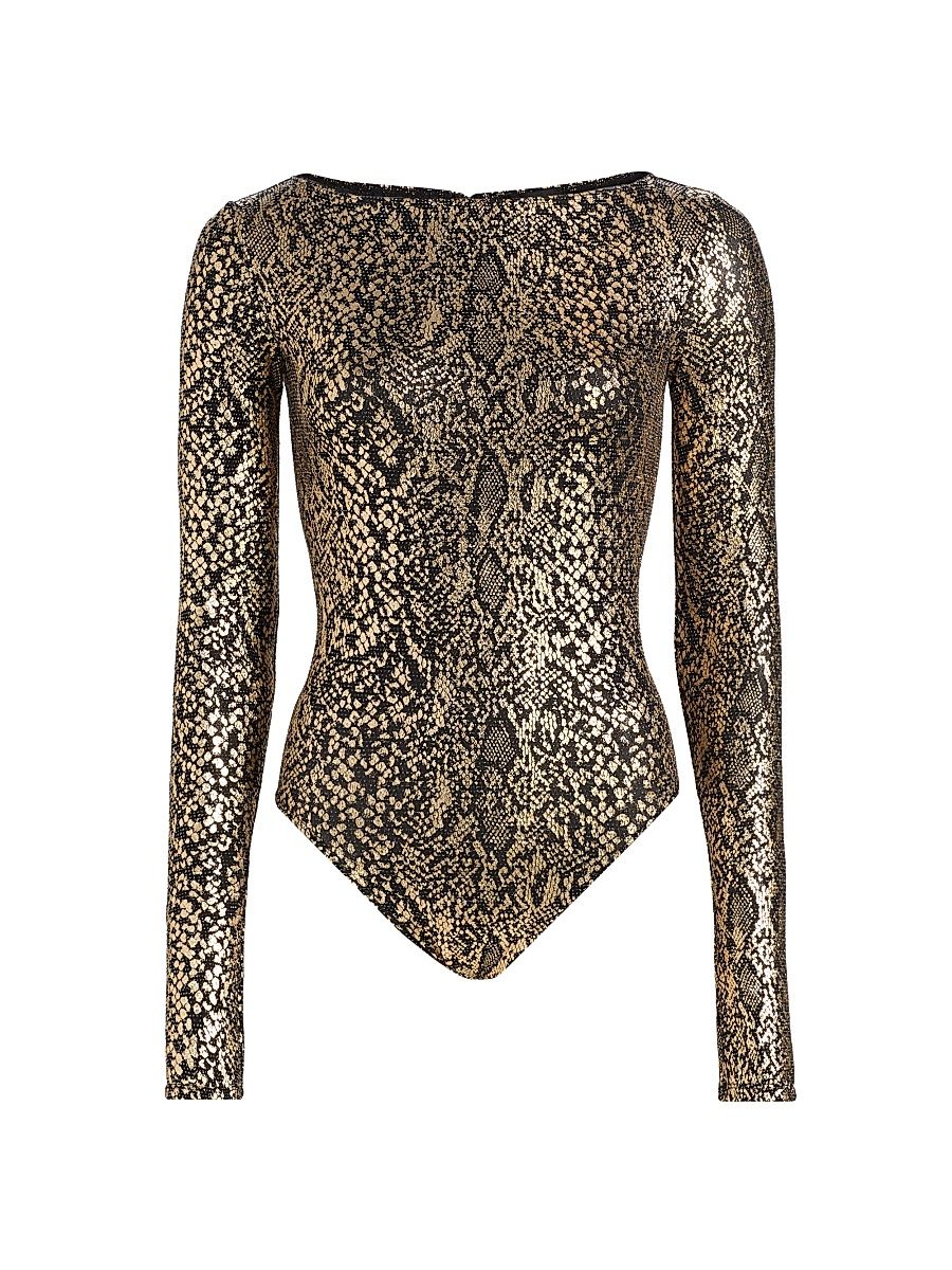 Women's Boatneck Snake-Print Bodysuit - Pale Gold - Size XL