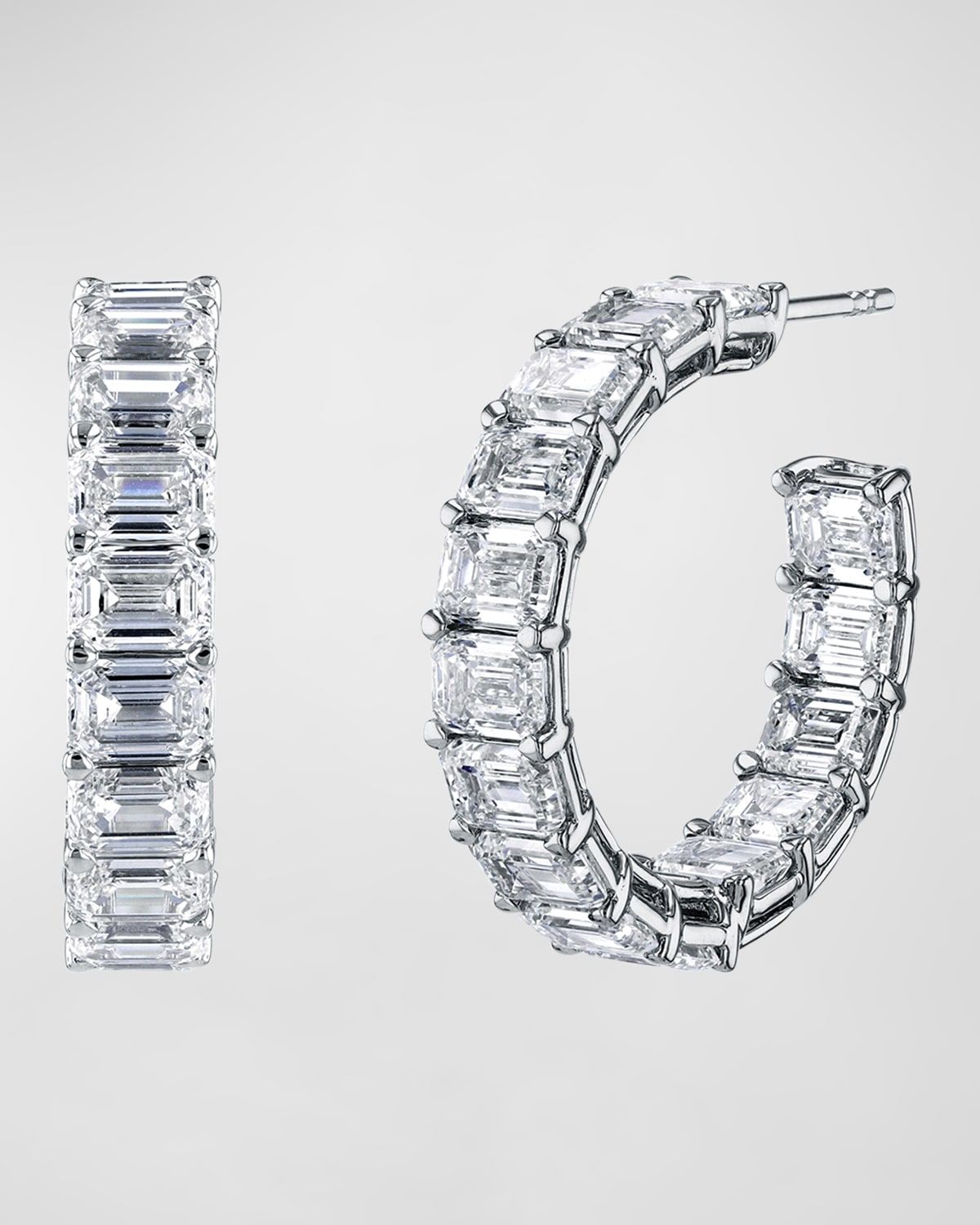 18K Gold East-West Emerald-Cut Diamond Hoop Earrings, 14tcw/1"L