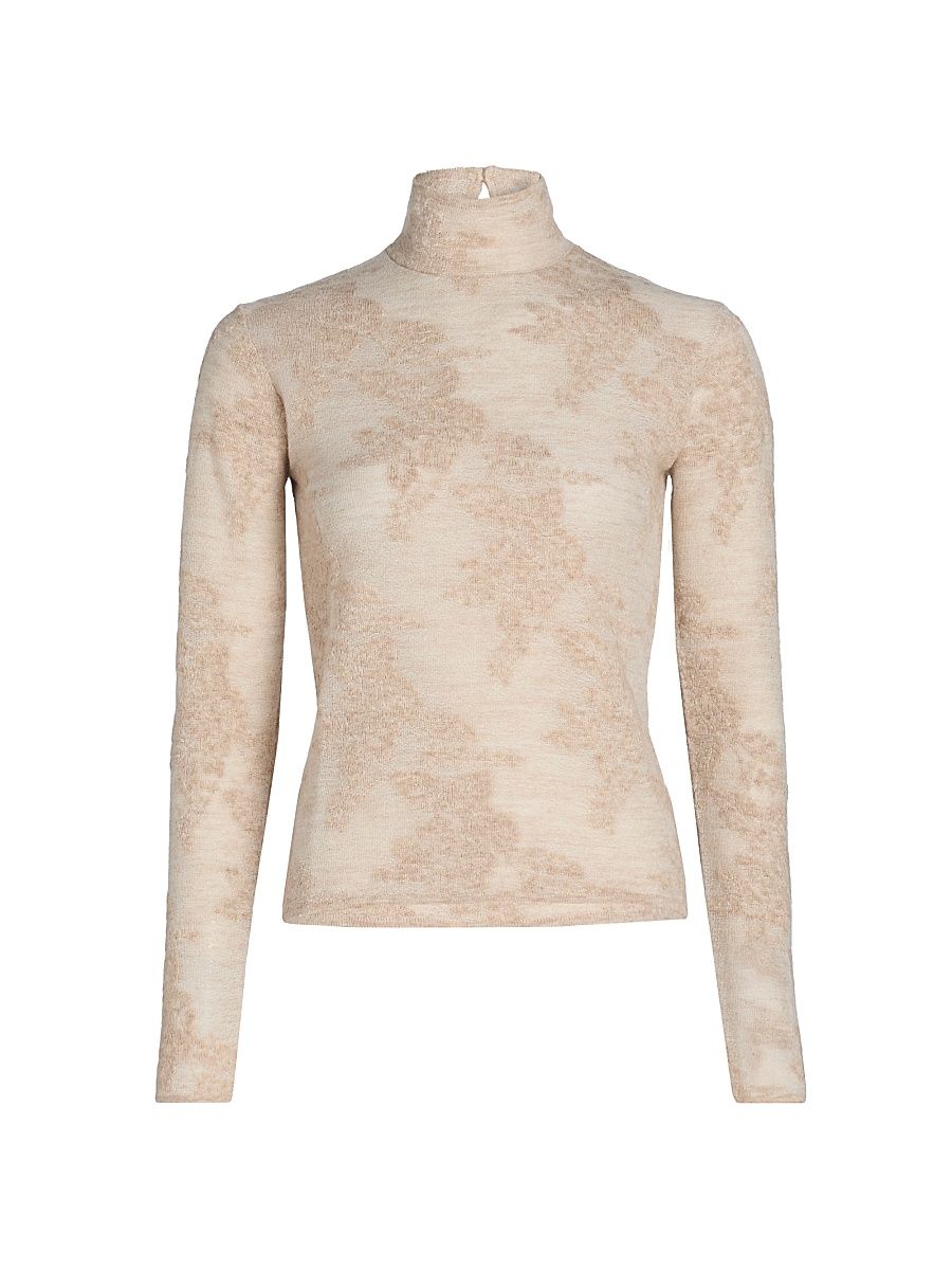 Women's Flower Jacquard Mock Turtleneck Sweater - Sand - Size XL