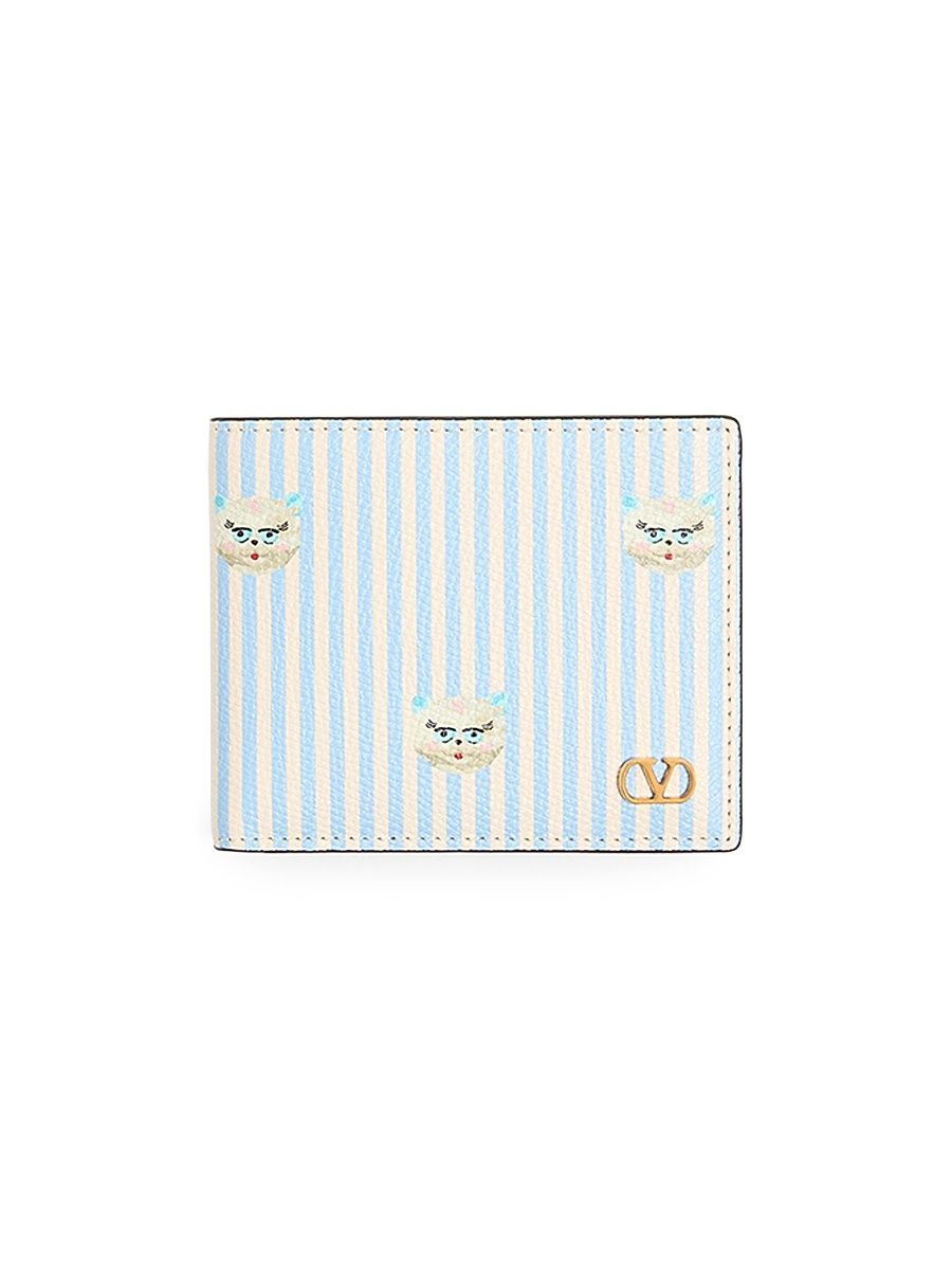 Men's VLogo Signature Wallet in Grainy Calfskin with Le Chat De La Maison Print - Azure Ivory