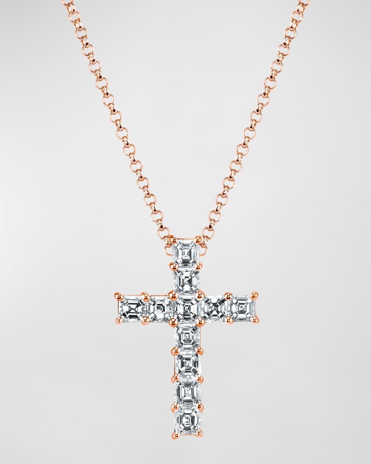 18K Gold 11-Stone Shared Prong Asscher Cut Diamond Cross Necklace, 16"L, 0.75tcw