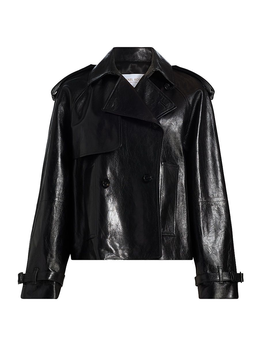 Women's Leather Oversized Crop Trench Coat - Black - Size Small