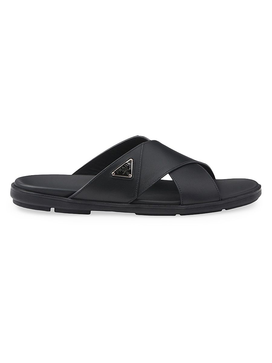 Men's Leather Crisscross Slides - Black - Size 5