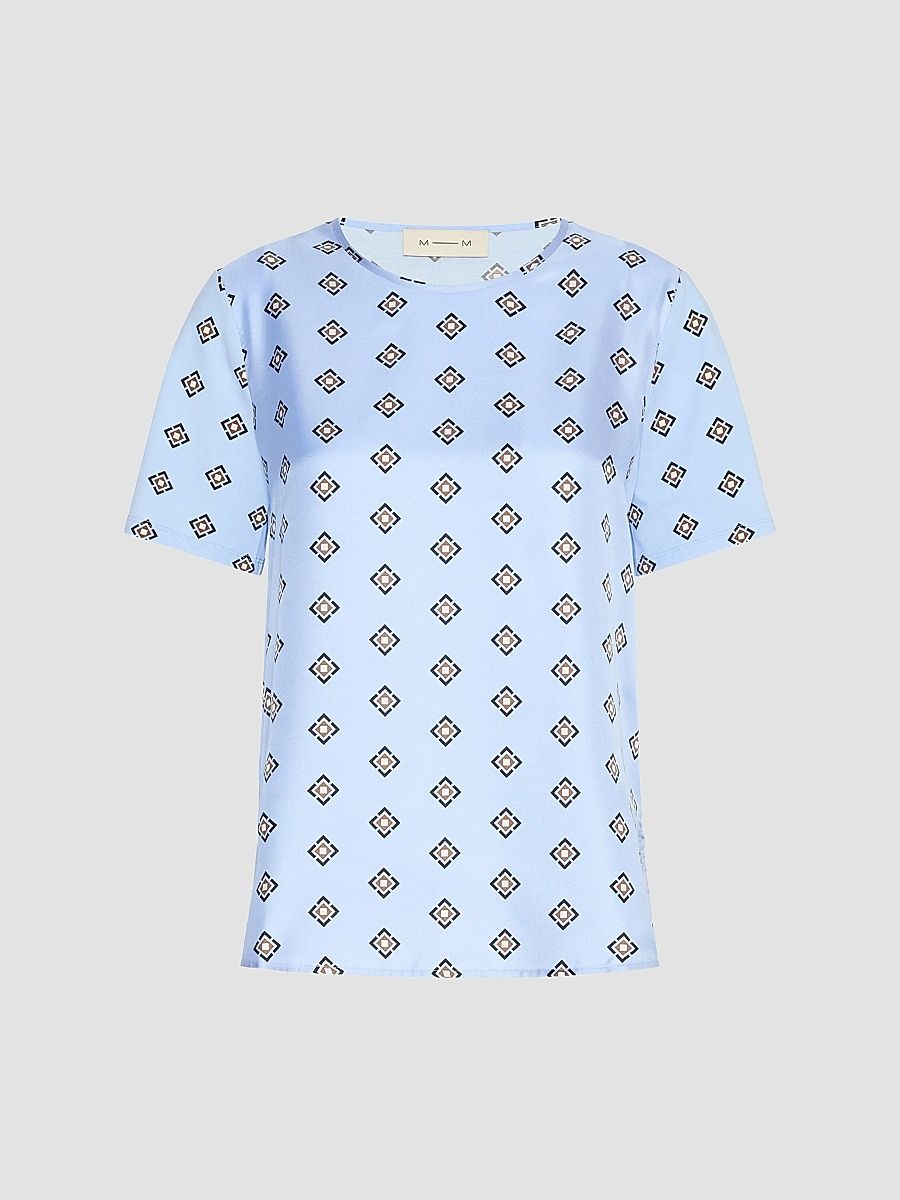 Women's Printed Cotton Jersey Blouse - Sky Blue - Size XL