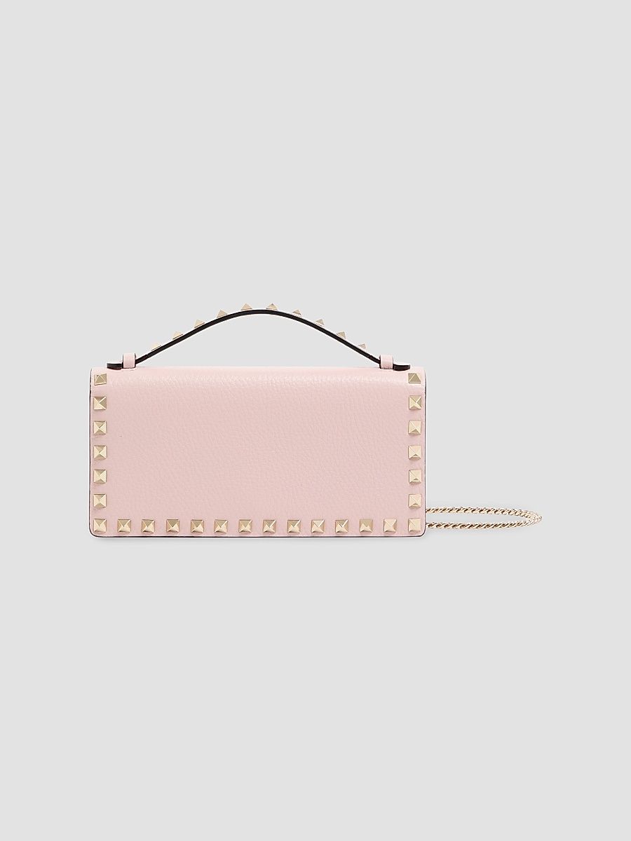 Women's Rockstud Wallet with Chain in Grainy Calfskin - Beige
