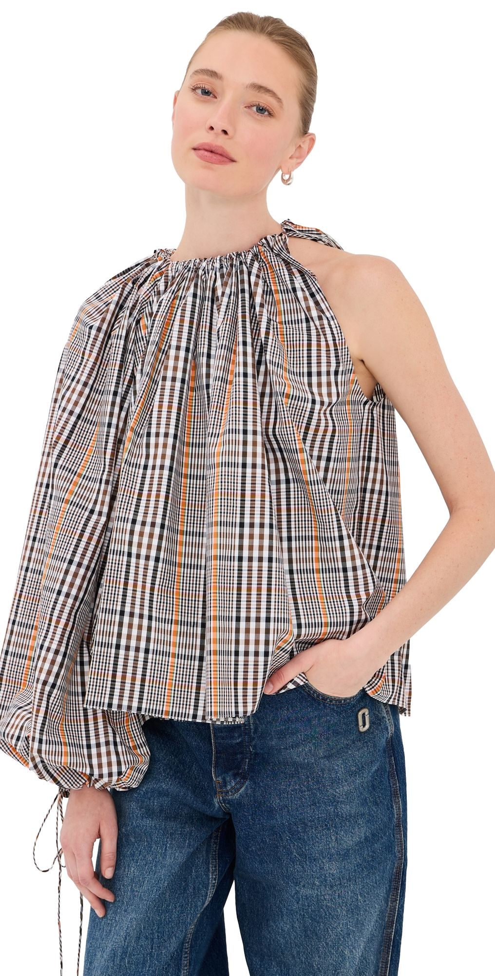 A. W.A. K.E. MODE One-Sleeve Voluminous Top Brown Check L