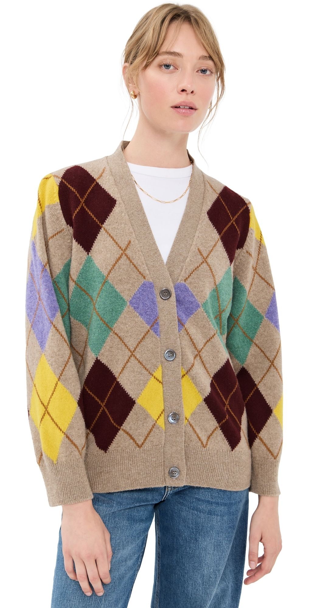 &Daughter Argyle Grandad Lambswool Cardigan Dark Natural With Yellow XS