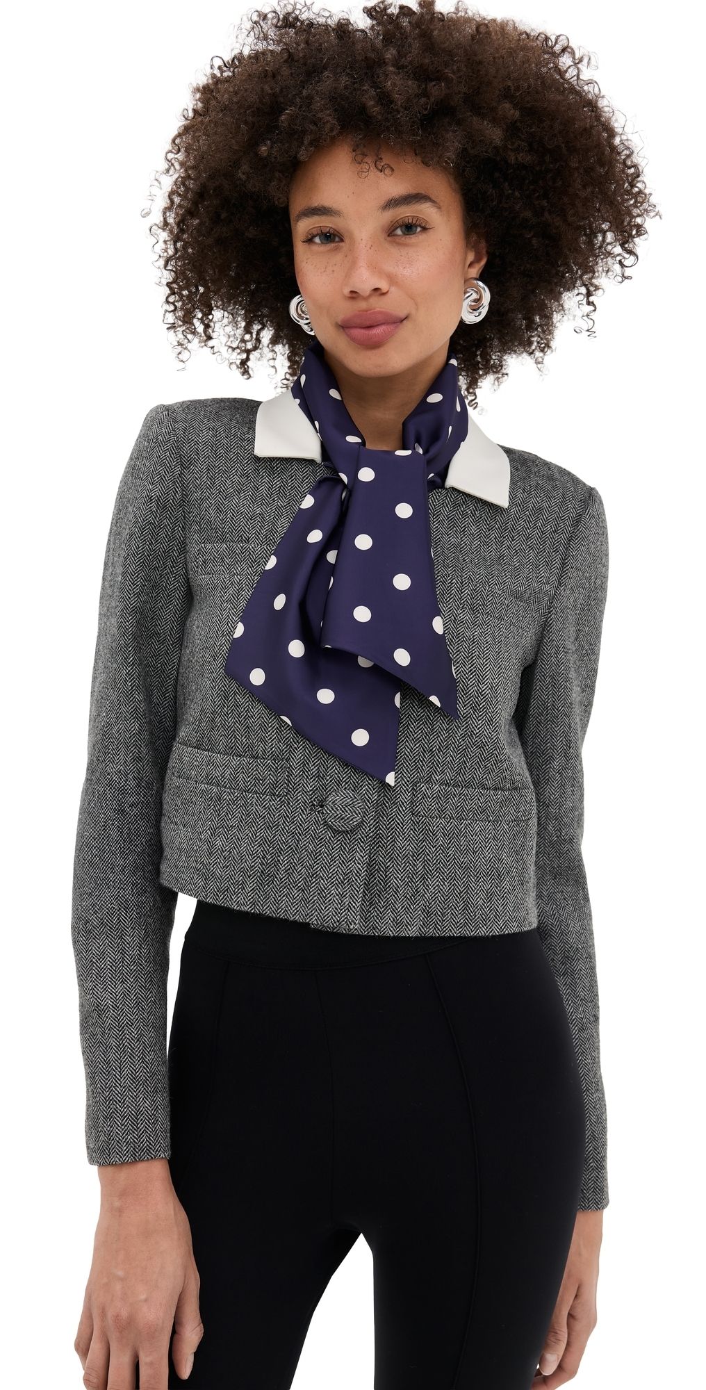 Self Portrait Grey Herringbone Scarf Detail Jacket Grey 2