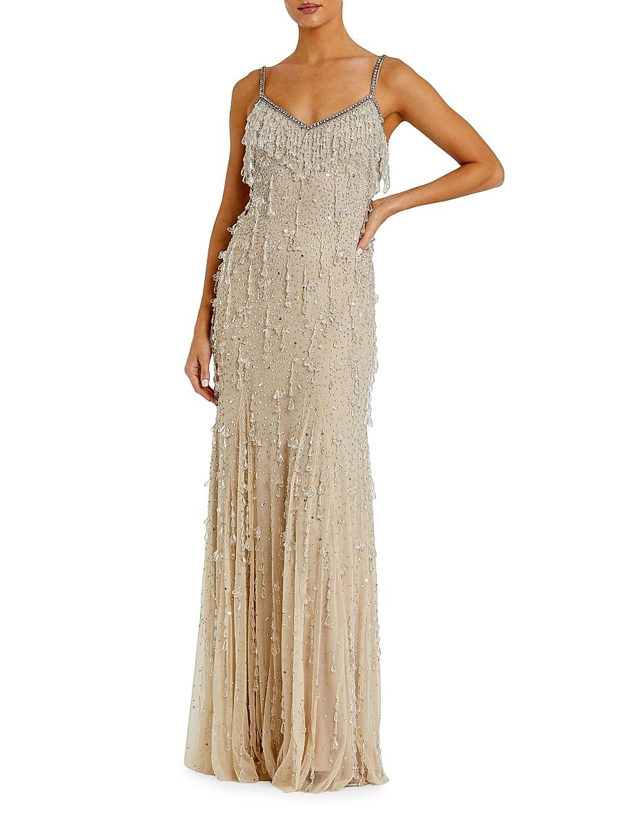 Women's Faux Pearl Embellished Column Gown - Beige Silver - Size 12