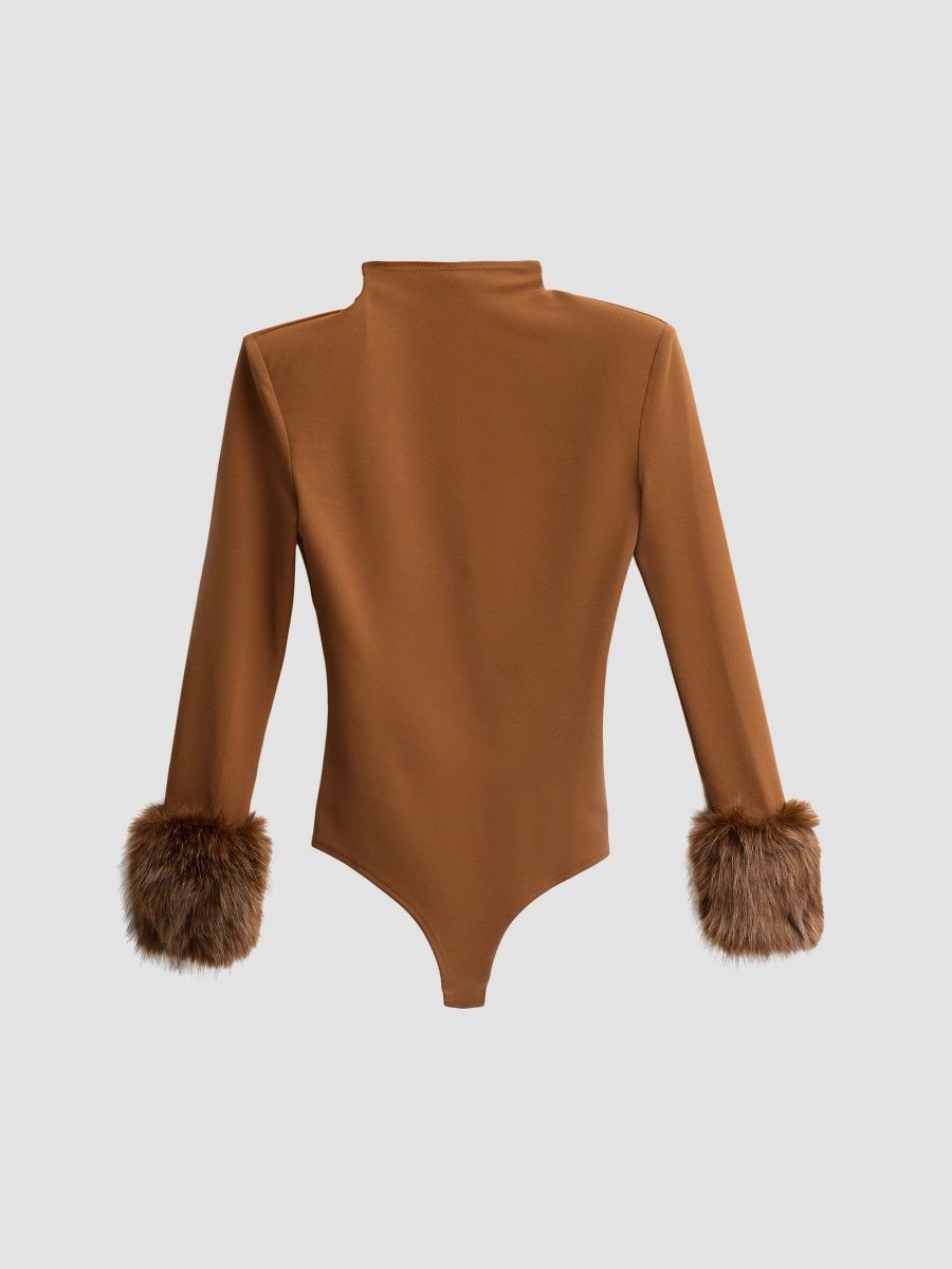 Bronx Banco Women's Faux Fur-Cuff Long-Sleeve Bodysuit - Brown - Size XL