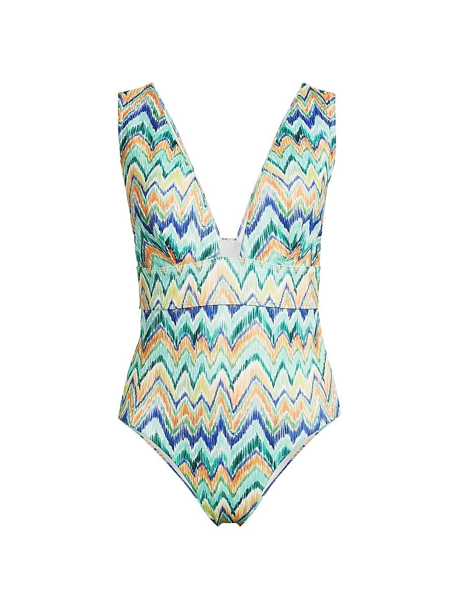 Women's Chevron V-Neck One-Piece Swimsuit - Tropical Multi - Size Large