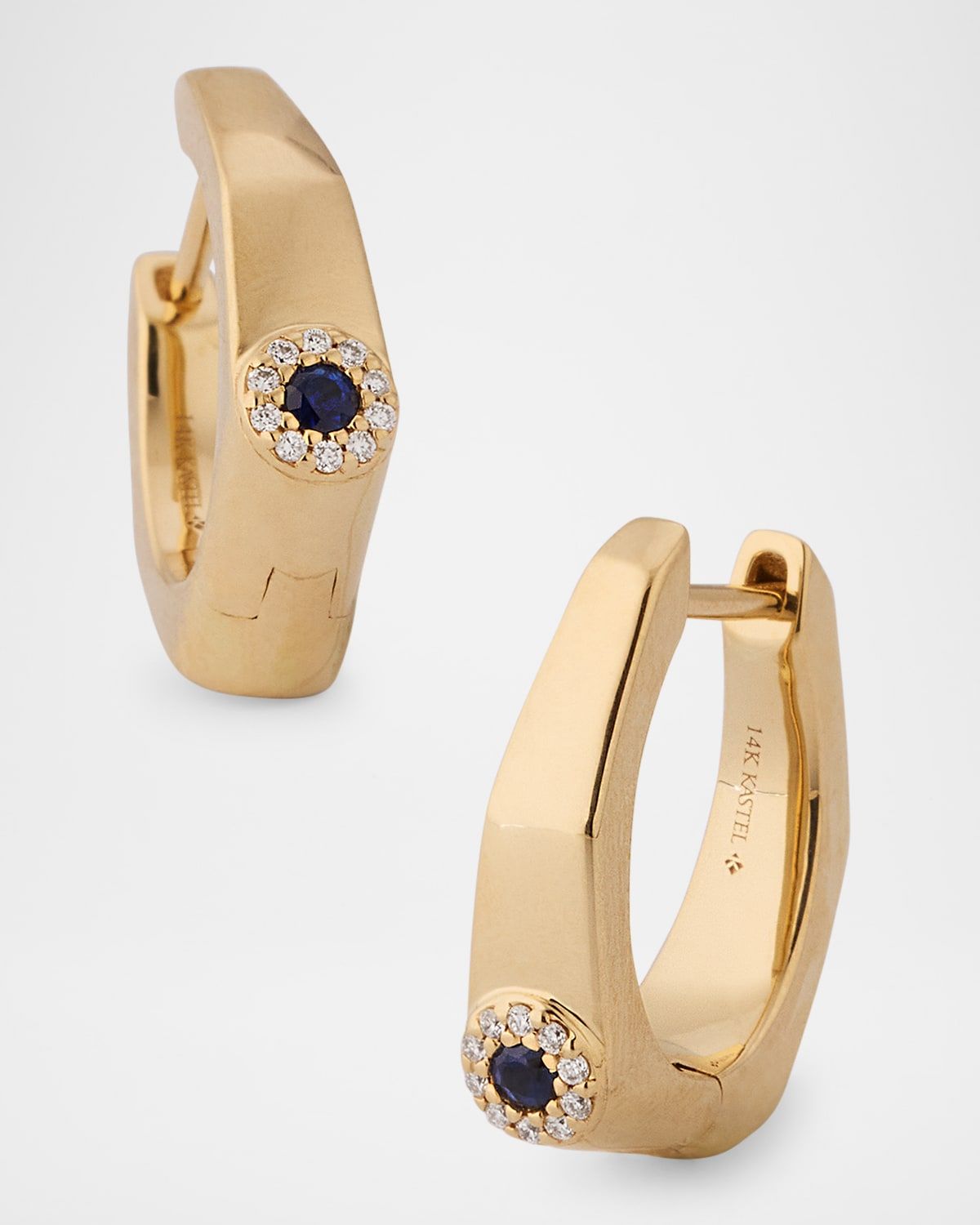 14K Yellow Gold Rectangle Small Diamond and Sapphire Huggie Earrings