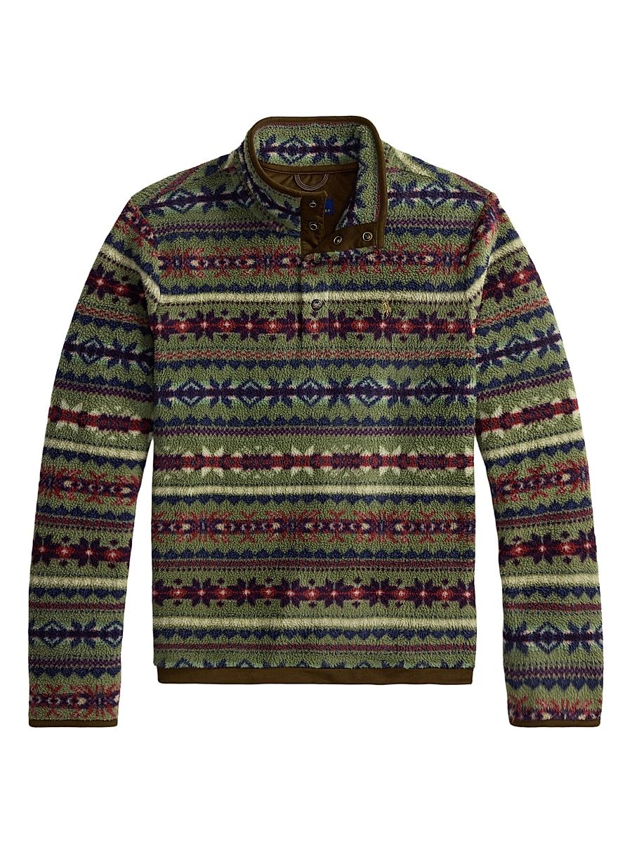 Men's Fair Isle-Inspired Fleece Pullover - Green Combo - Size XXL