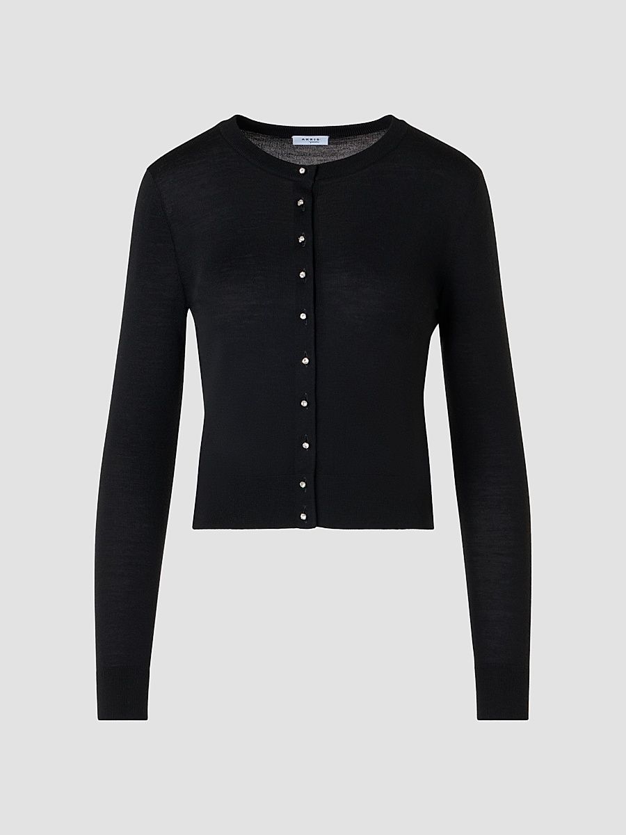 Women's Merino Wool Crewneck Cardigan - Black - Size 16