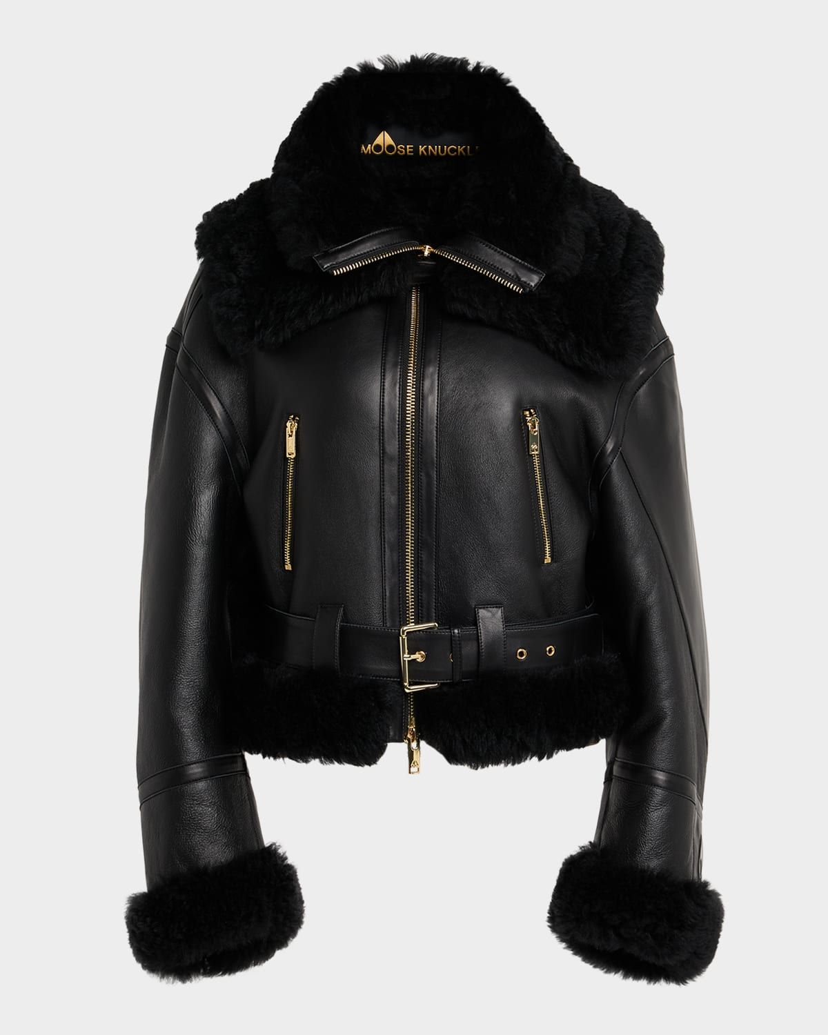 MTD Leather Biker Jacket with Shearling Trim