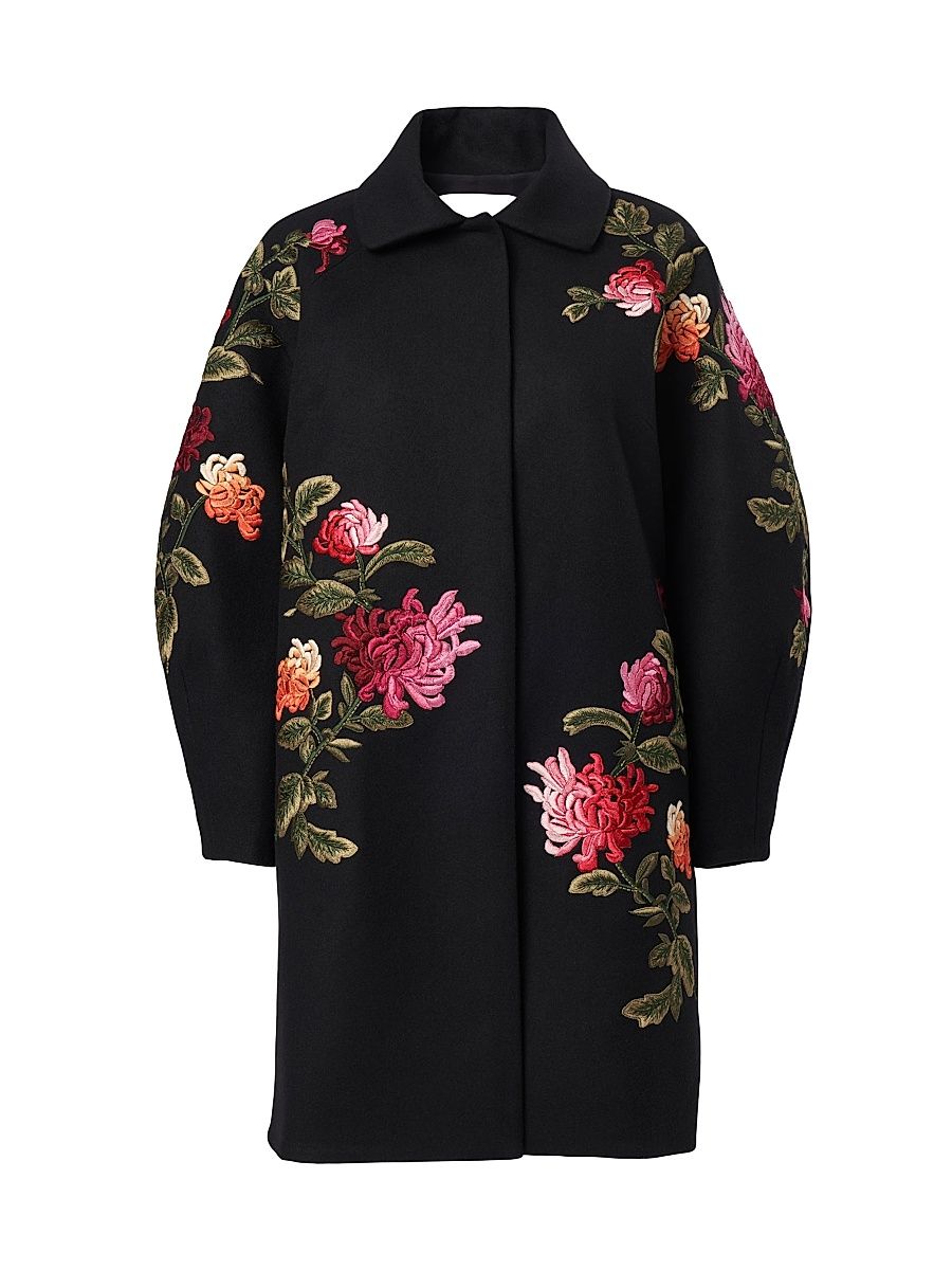 Women's Chrysanthemum-Embroidered Wool Cocoon Coat - Black Multi - Size 10