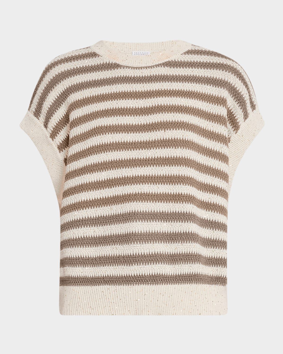 Striped Cap-Sleeve Paillette Knit Sweater