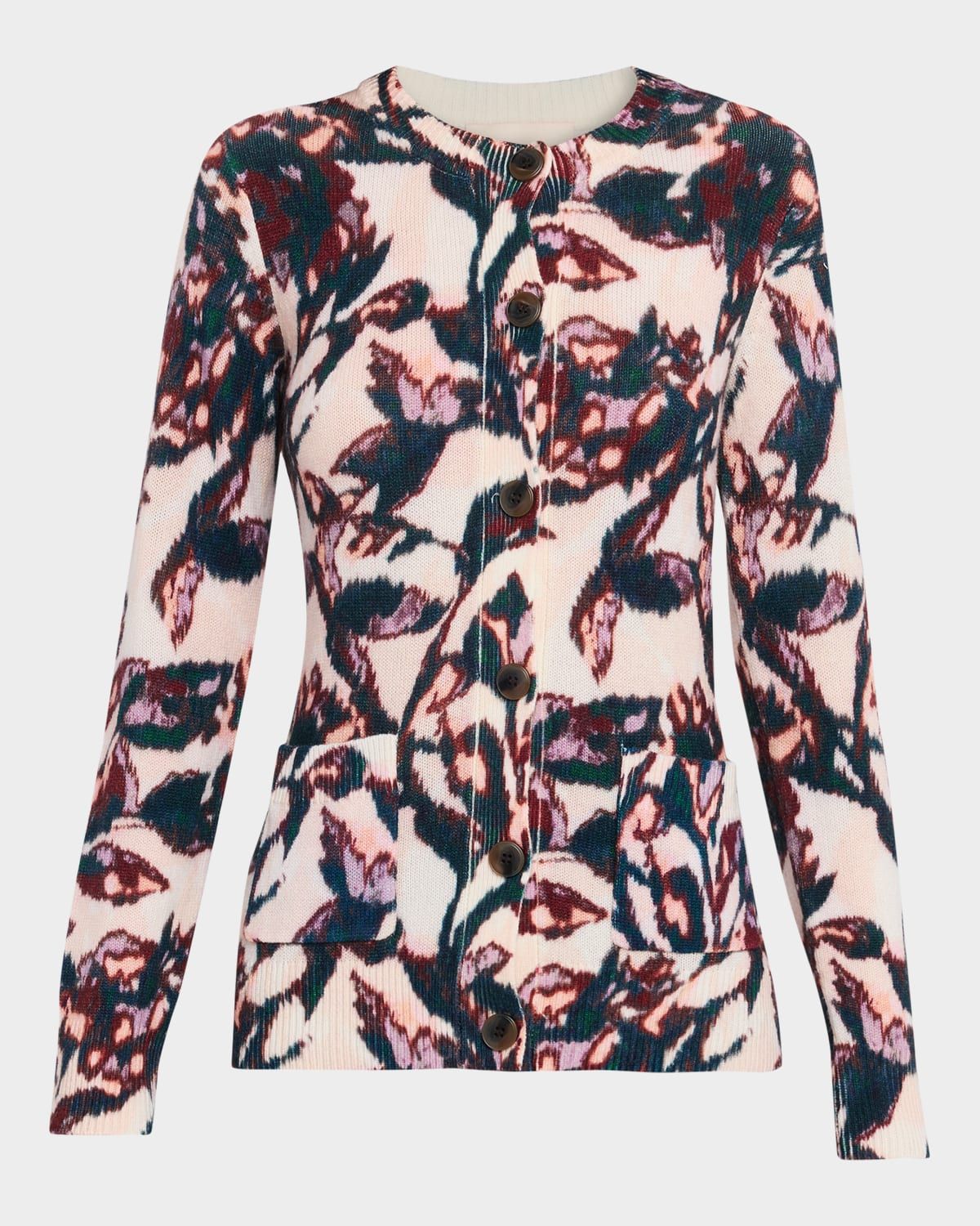 Louisa Floral-Print Wool-Cashmere Crewneck Cardigan