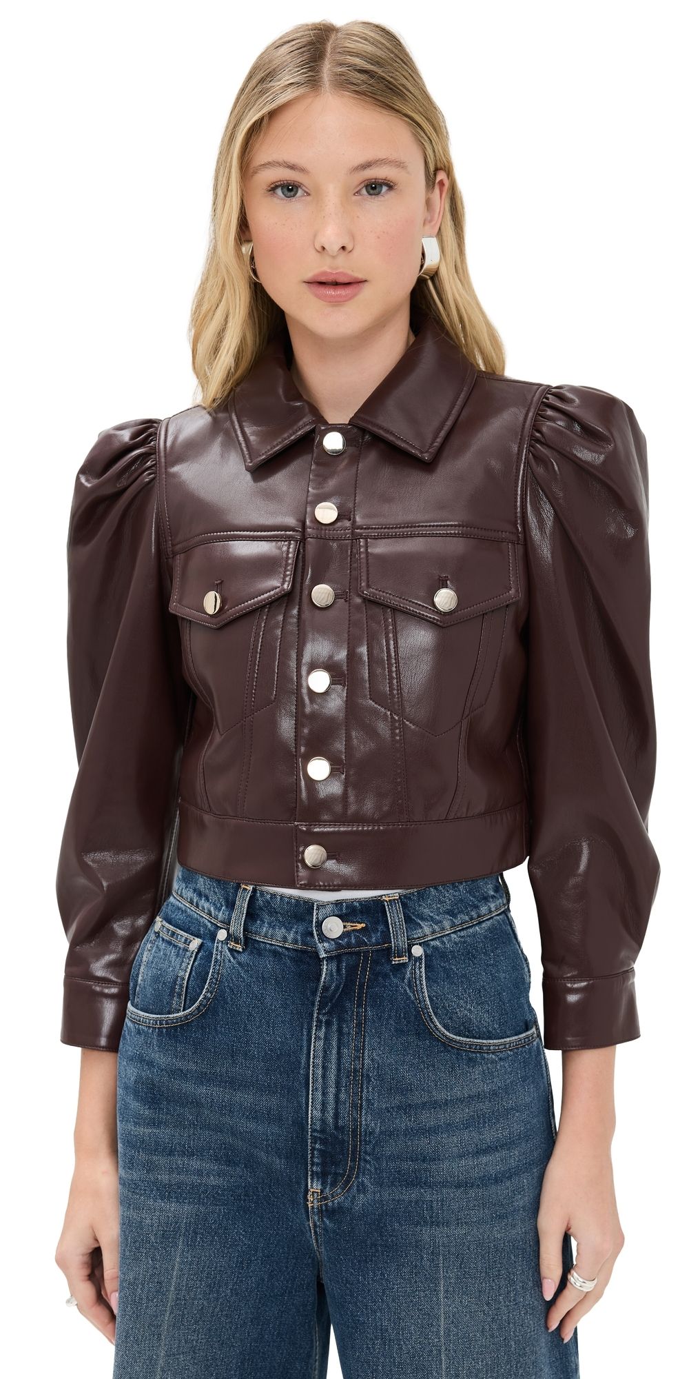 ALICE + OLIVIA Lana Vegan Leather Puffed Sleeve Jacket Dark Chocolate XL